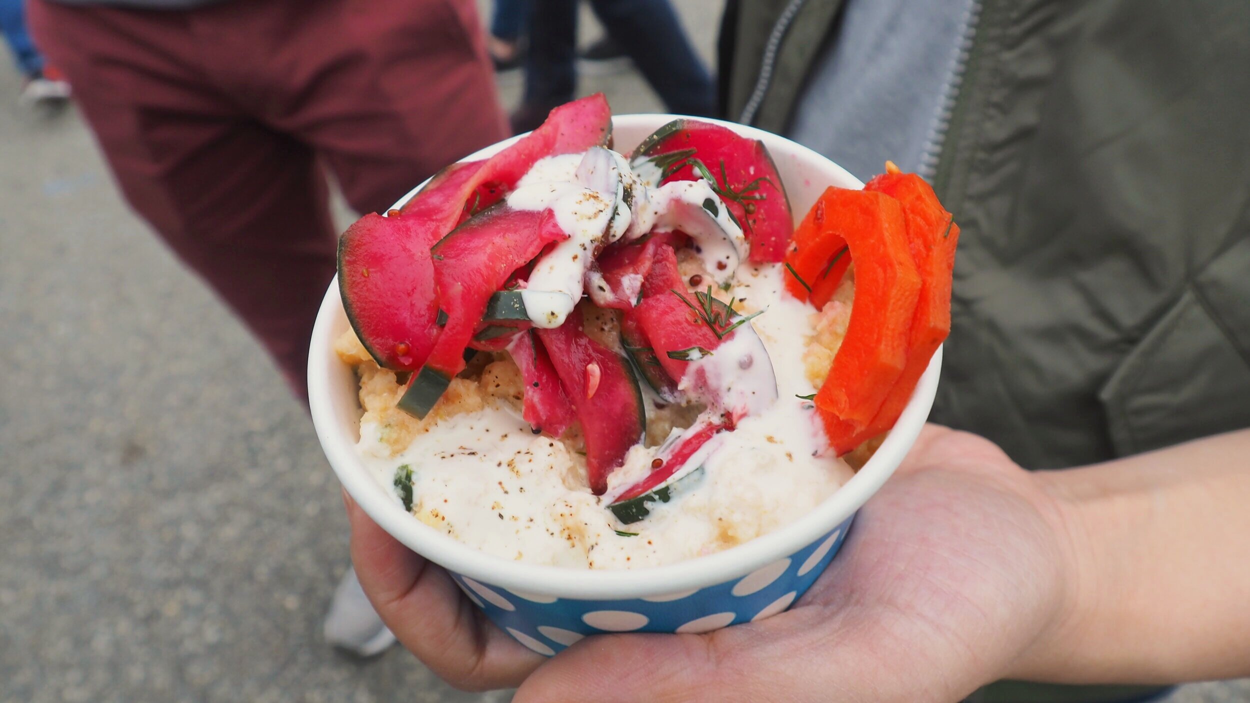 Norwegian cod fish pudding topped with pickles and dill from Dottie’s