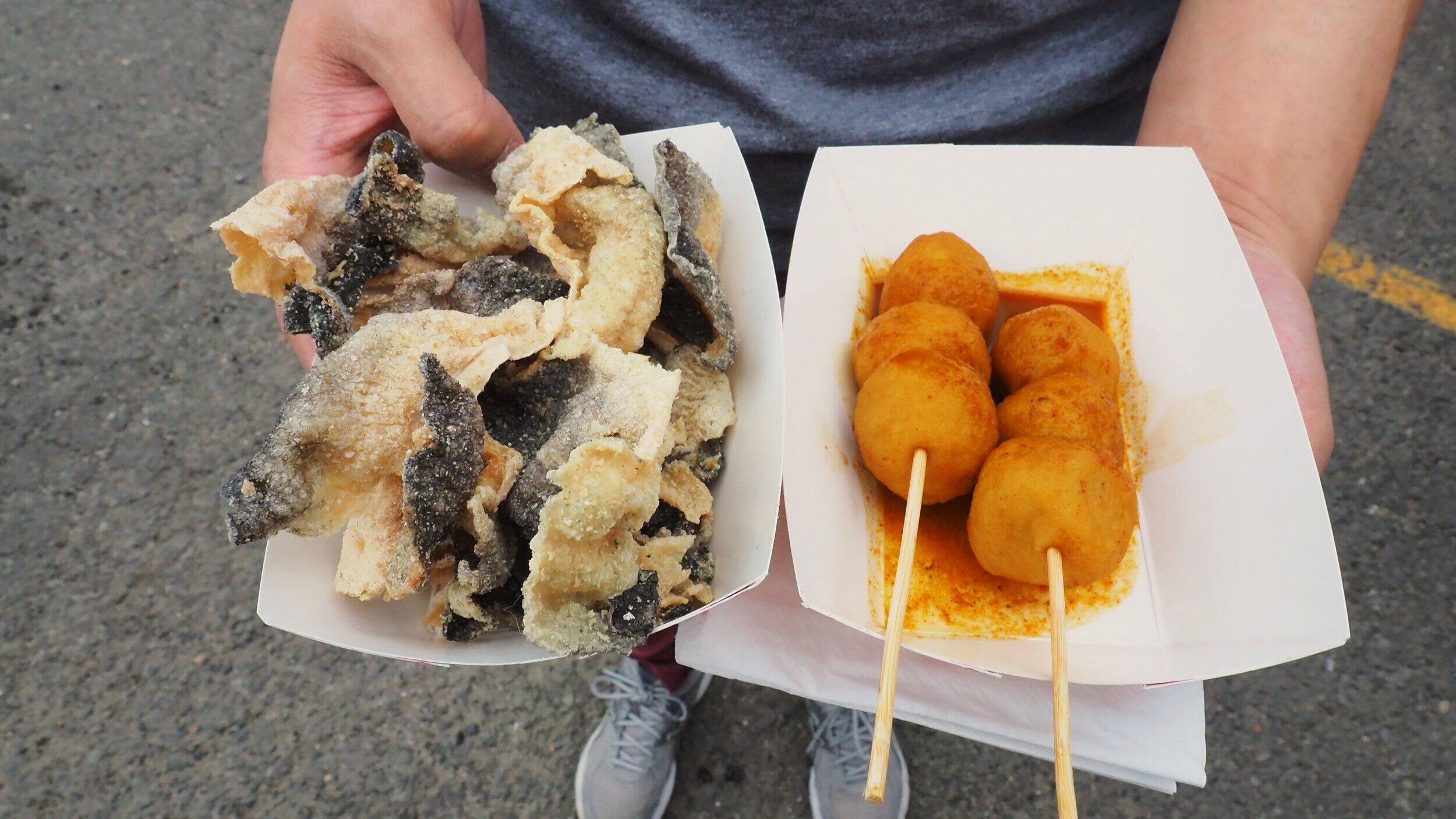 Fried fish skin and crispy curry cuttlefish ball
