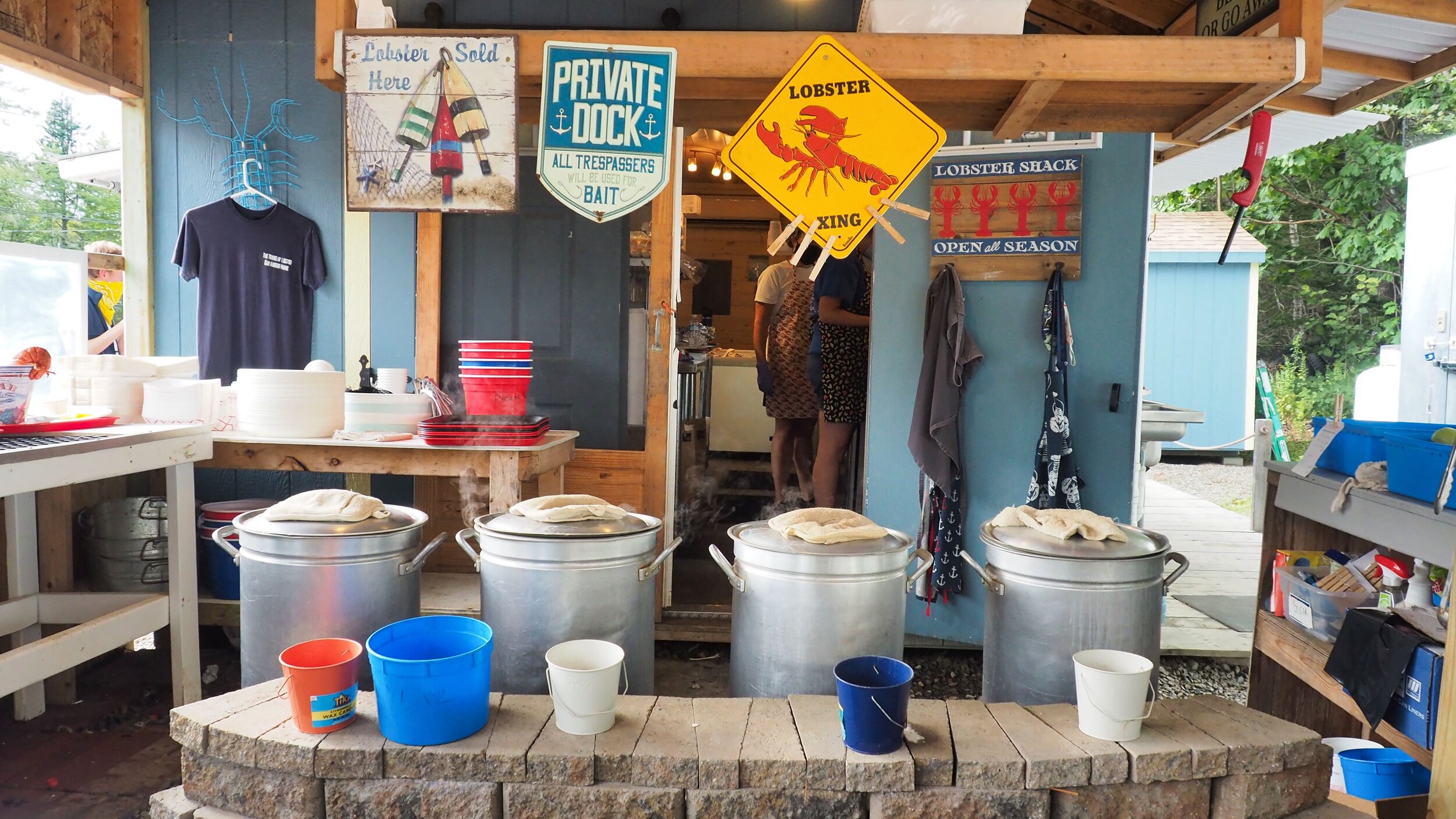 Bar seating view of lobster pots