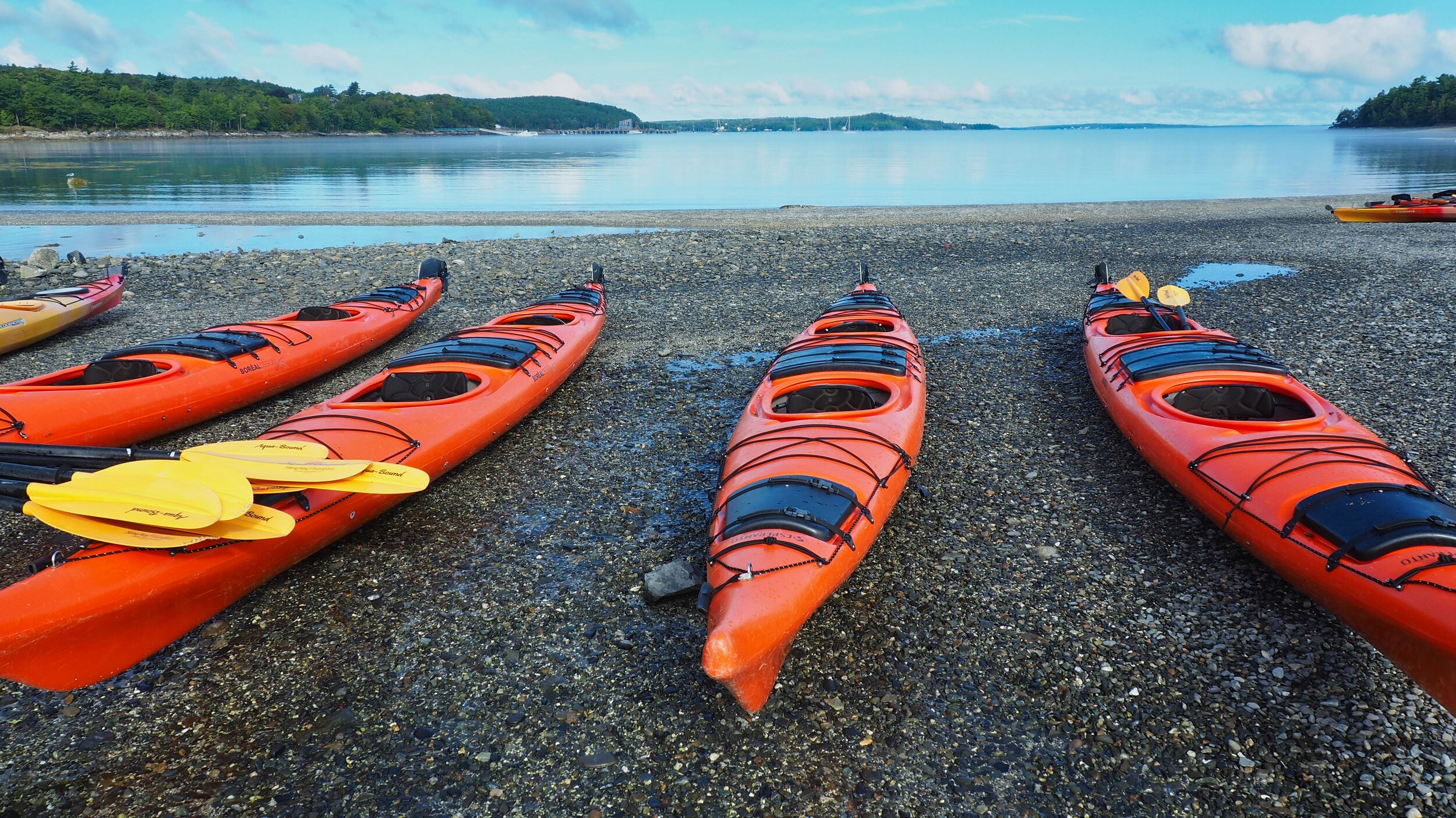 Kayaks on the beach of Bar Island Trail
