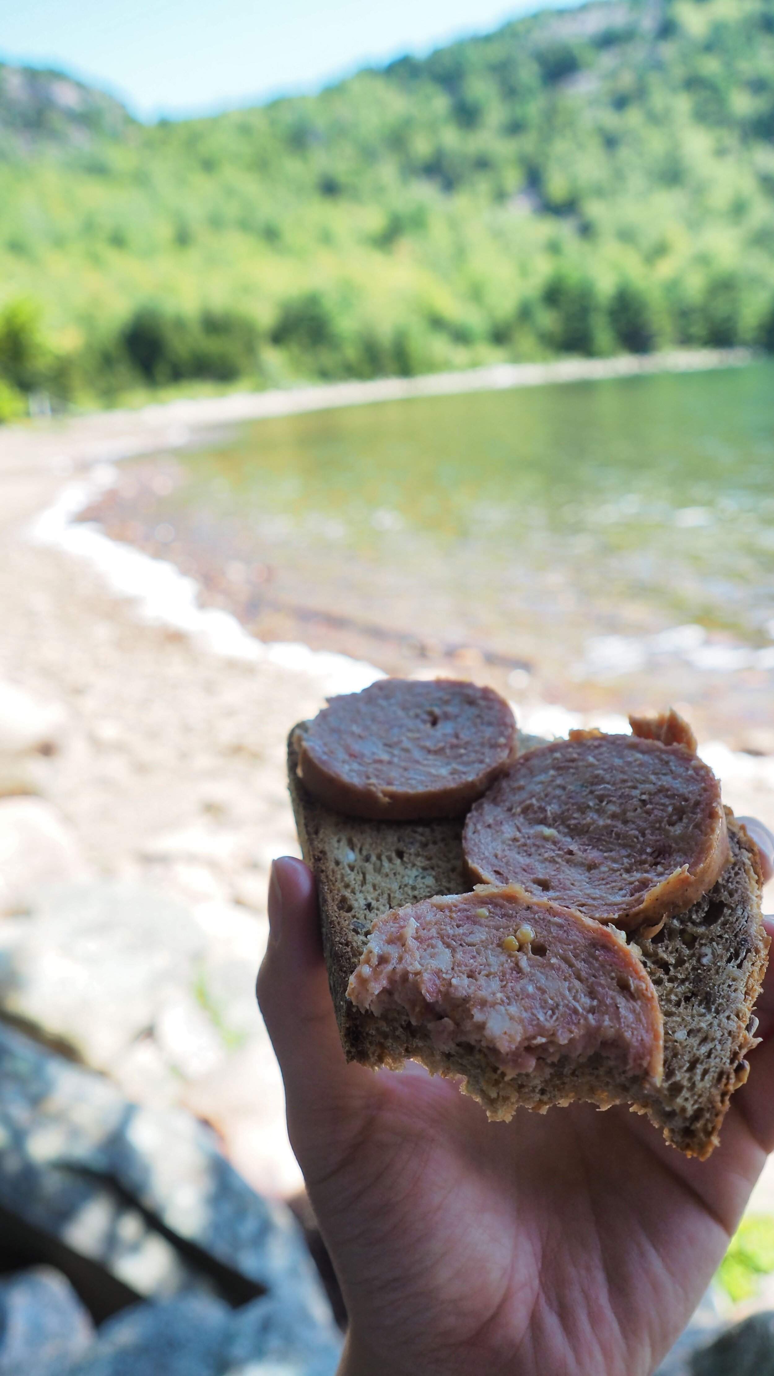 A very gourmet summer sausage sandwich with a view of Jordan Pond